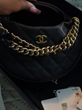 CHANEL Black Quilted Shoulder Hobo with Gold Chain